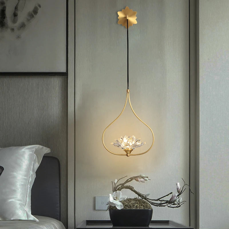 Étude G9 LED Lotus appliques murales pour salon Restaurant lecture éclairage chinois cuivre longue applique murale en cristal Lampara Pared - vue 5 sur 6