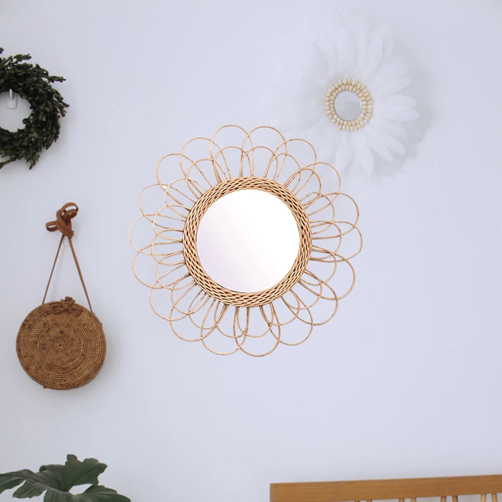 miroir suspendu en rotin motif tournesol décoratif boho - vue 3 sur 6