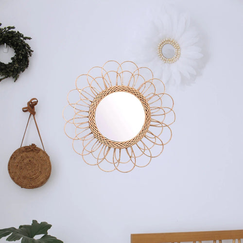 miroir suspendu en rotin motif tournesol décoratif boho - vue 3 sur 6