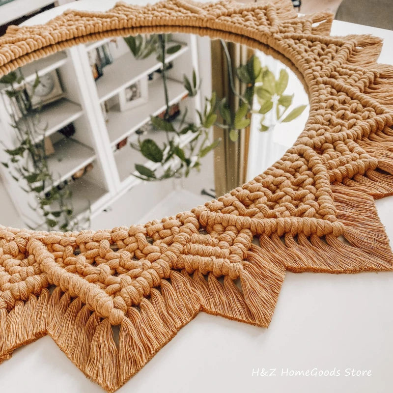 miroir décoratif en macramé style bohème pour décoration intérieure - vue 3 sur 11