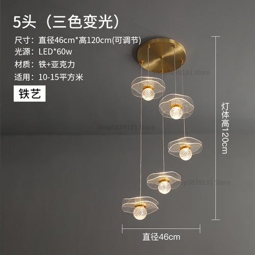 lustre moderne en acrylique et cuivre led feuille de lotus - vue 15 sur 18