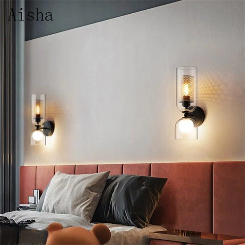 applique murale moderne double tête en verre rétro avec lumière créative - vue 5 sur 6