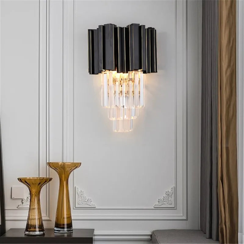 Crystal Wall Light, Gold Black Finish Wall Sconce, Modern K9 Crystal Drops Shade Wall Lamp Bedroom Living Room Lighting - vue 2 sur 7