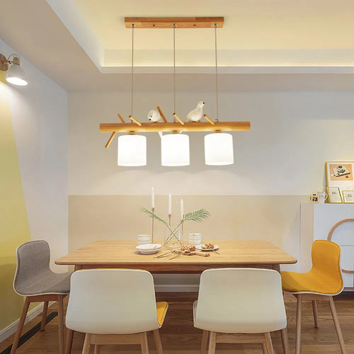 lustre en bois nordique avec éclairage en verre oiseaux 2 ou 3 têtes - vue 3 sur 8