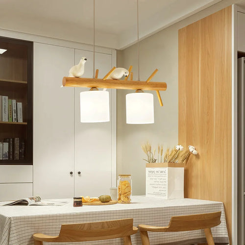 lustre en bois nordique avec éclairage en verre oiseaux 2 ou 3 têtes - vue 2 sur 8
