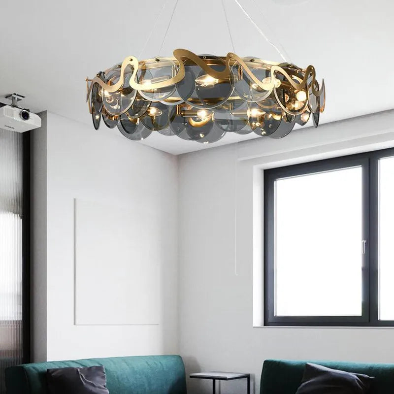 lustre rond en verre et fer pour éclairage intérieur - vue 3 sur 12
