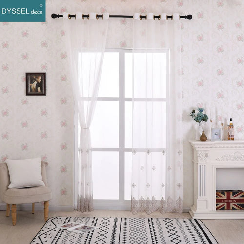 Voilage tulle brodé fleurs bord festonné style européen - vue 3 sur 8
