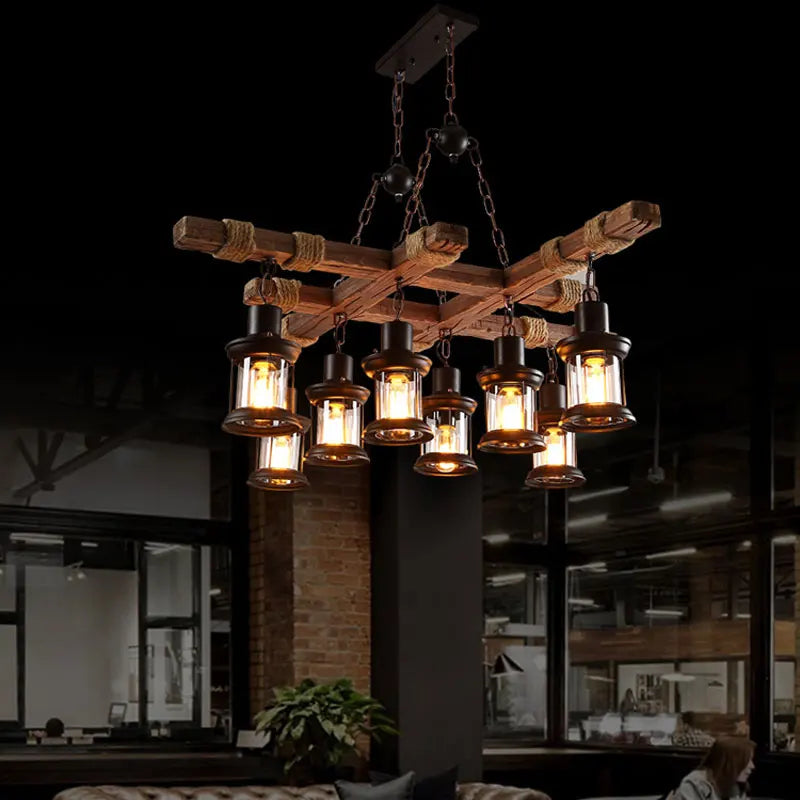 lustre industriel rétro en bois et fer avec 8 lampes - vue 4 sur 7