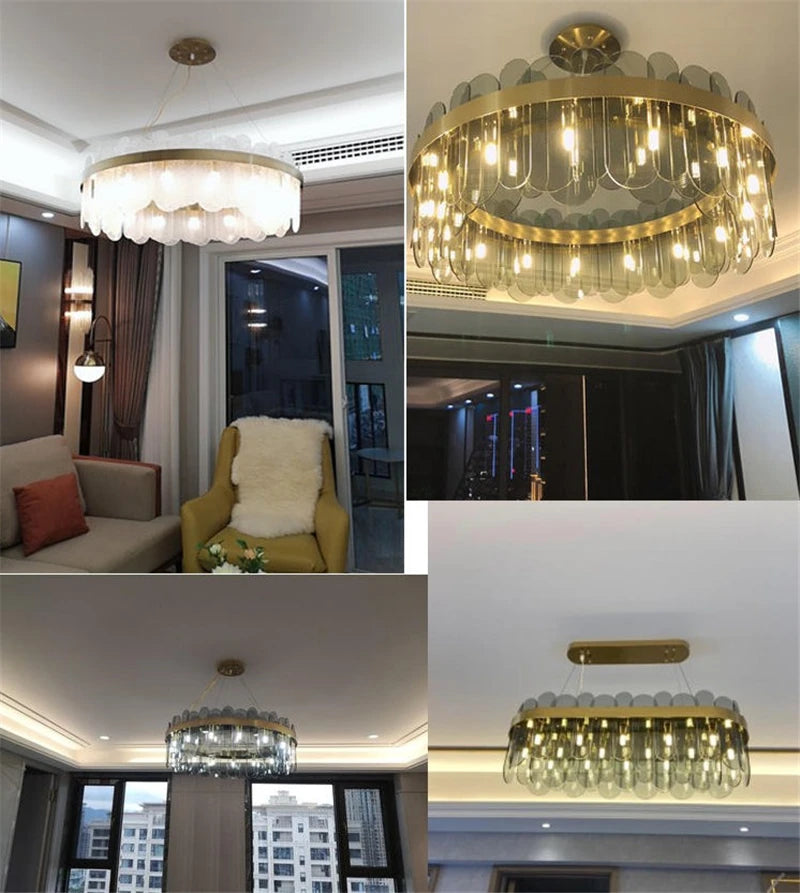 lustre ovale en métal doré avec abat-jour en verre suspendu - vue 5 sur 15