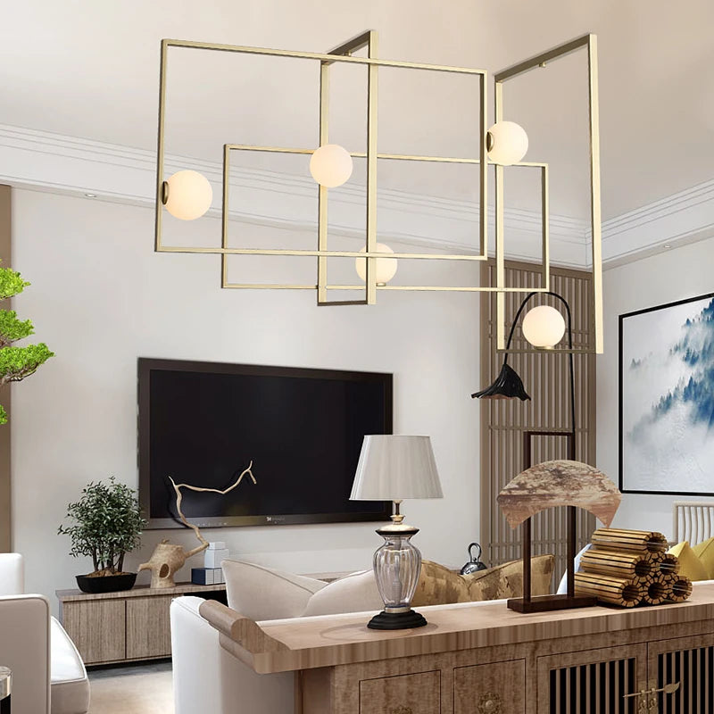 lustre led moderne design innovant cadre doré boule verre - vue 4 sur 8