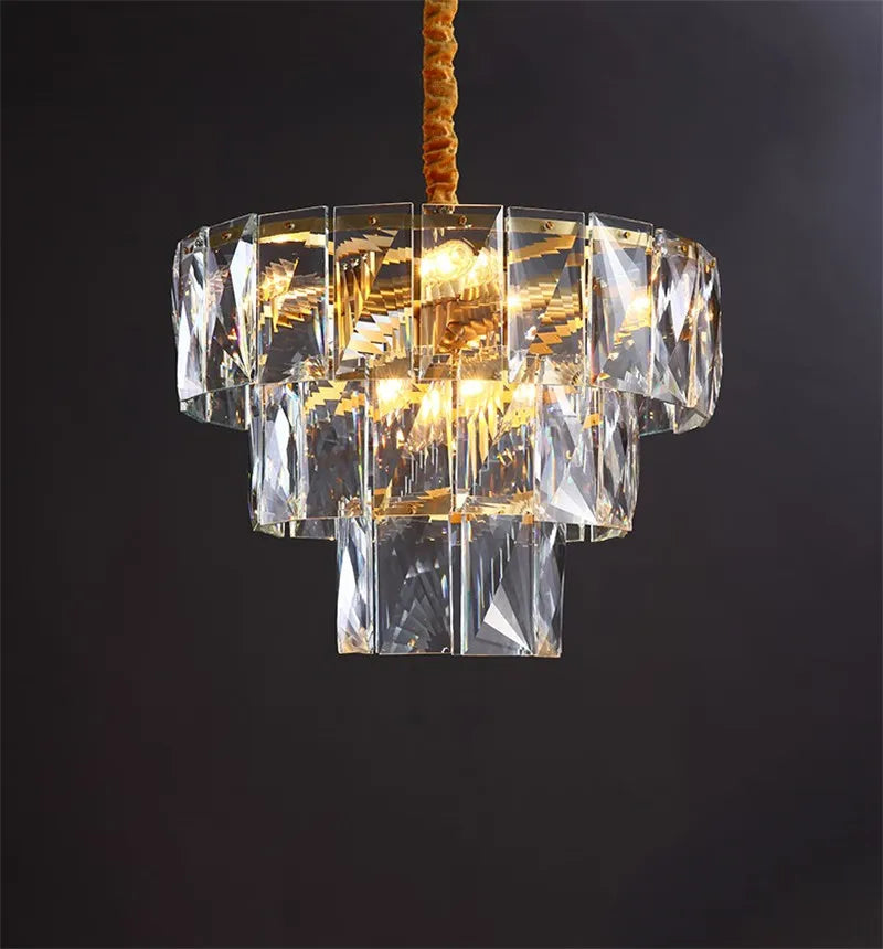 lustre rond en acier doré avec éclairage led en cristal - vue 7 sur 8