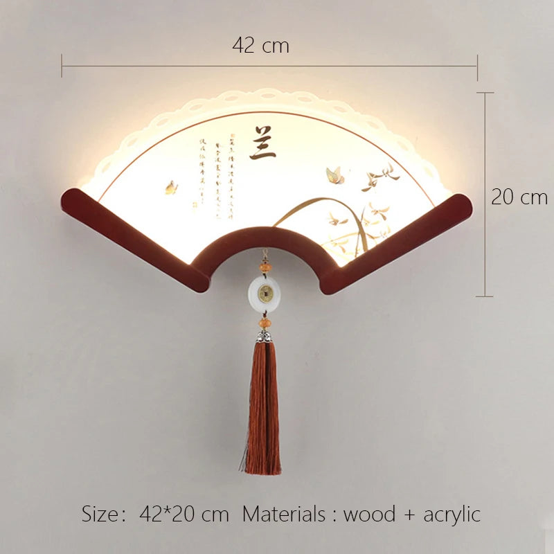 applique murale en bois éventail à led design rétro asiatique décoratif - vue 5 sur 18