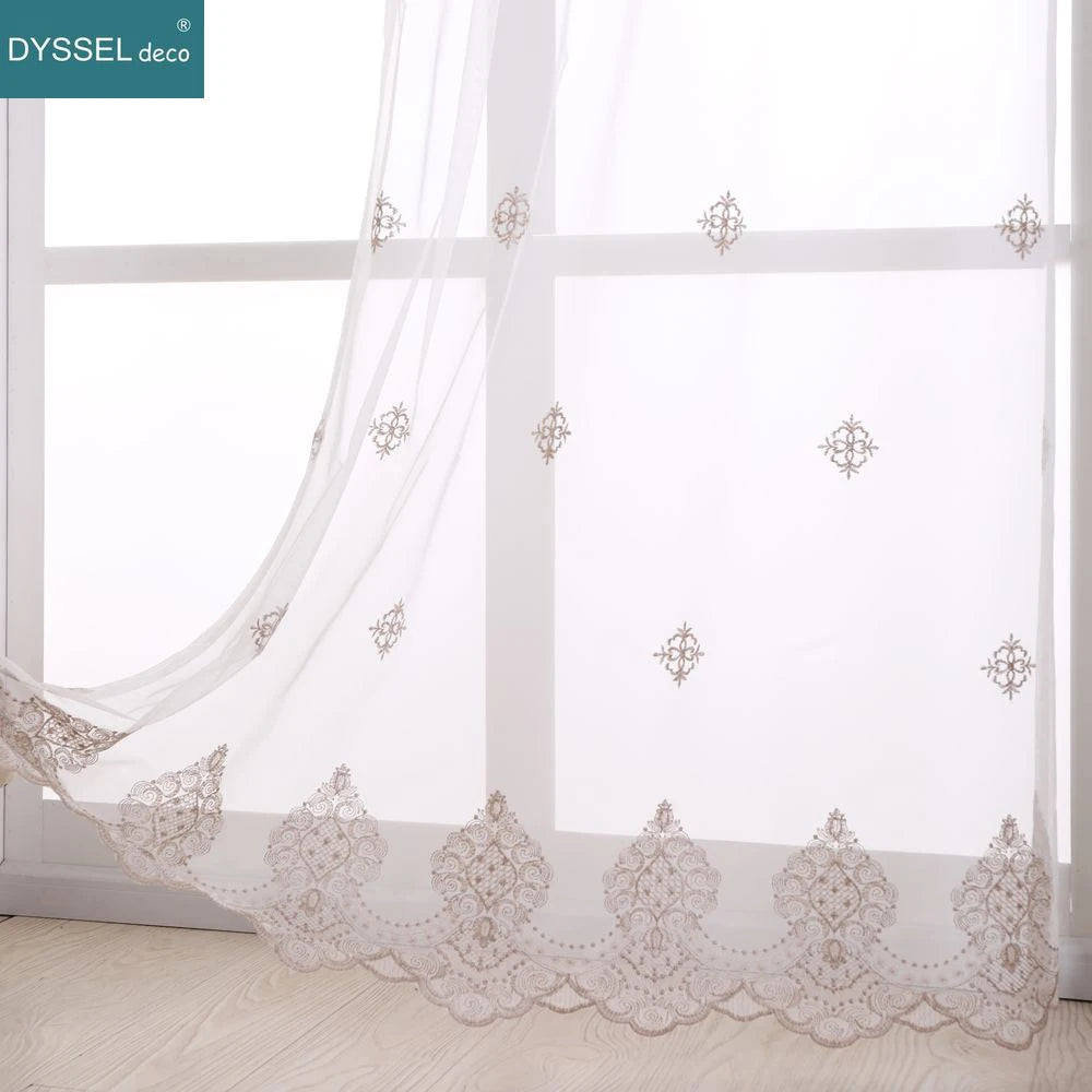 Voilage tulle brodé fleurs bord festonné style européen - vue 3 sur 8