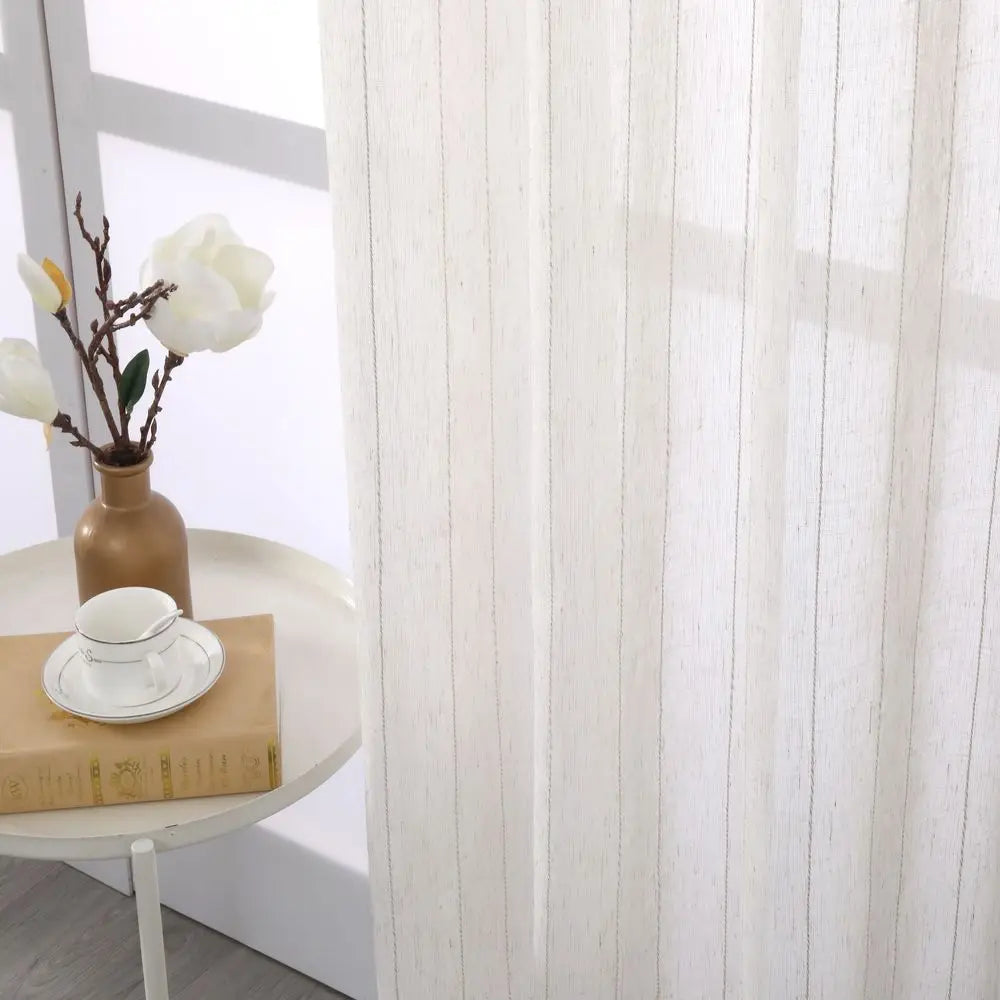 Voilage tulle flammé à rayures style naturel salon chambre - vue 6 sur 7