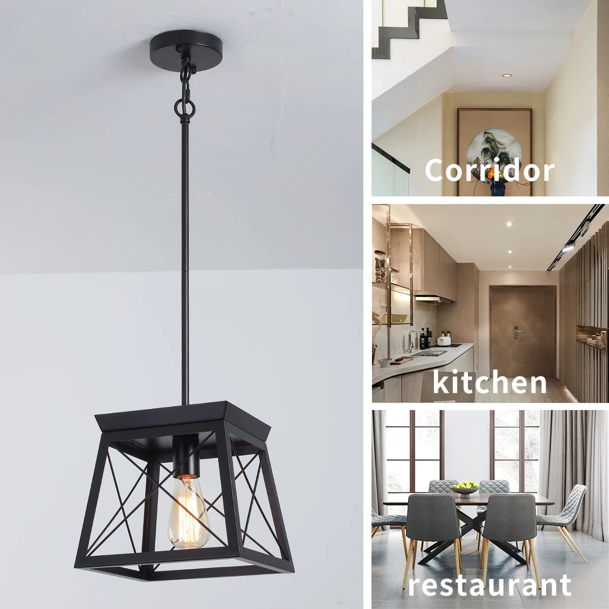 Ganeed Farmhouse Suspension Cage en métal Finition Bois 1 Lumière Lanterne Rustique Lustre Hauteur Réglable Suspension - vue 3 sur 7
