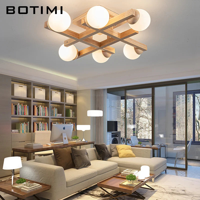 Plafonniers en bois avec abat-jour en verre pour salon moderne monté en Surface Lustres en bois carrés chambre à coucher Luminaire - vue 3 sur 9