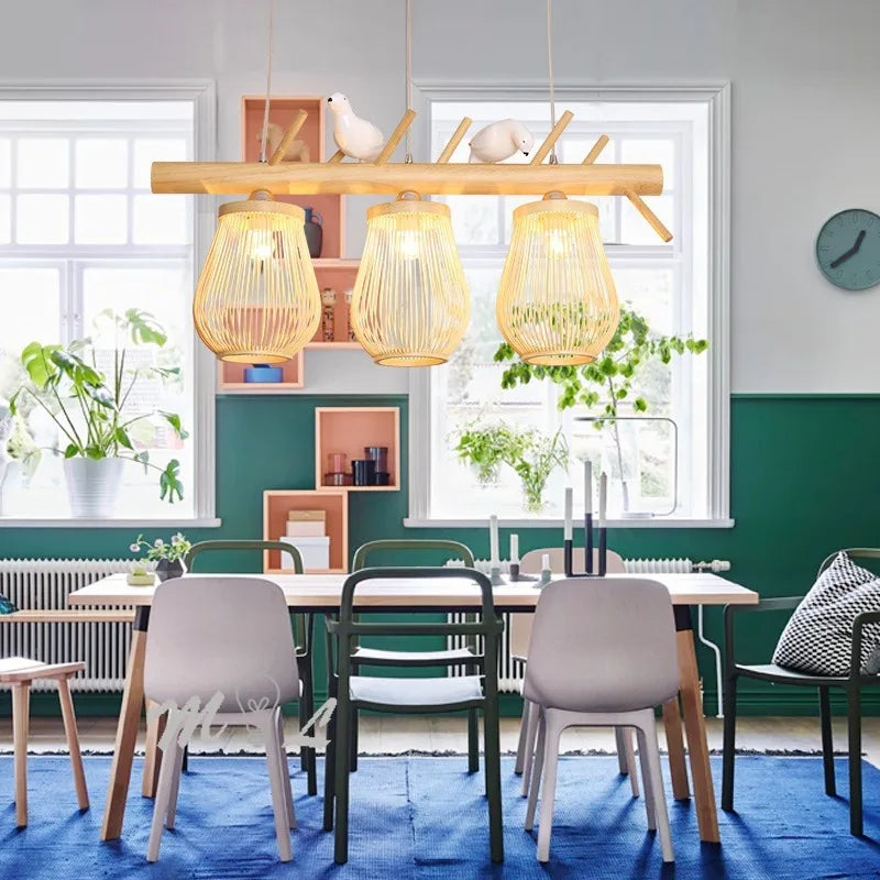 suspension moderne en bois et bambou design oiseau décoratif - vue 6 sur 10
