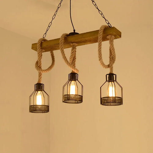 lustre industriel rétro avec 3 têtes en bois et corde de chanvre - vue 2 sur 8