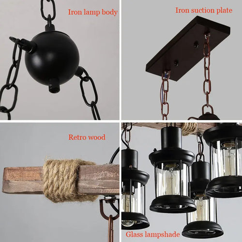 lustre industriel rétro en bois et fer avec 8 lampes - vue 7 sur 7