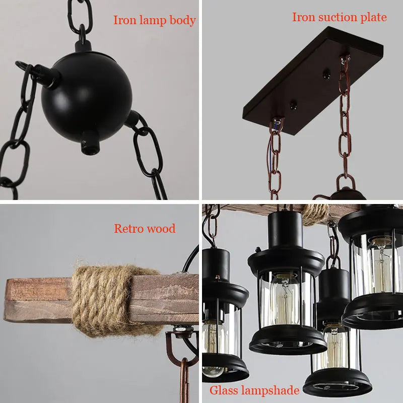lustre industriel rétro en bois et fer avec 8 lampes - vue 7 sur 7