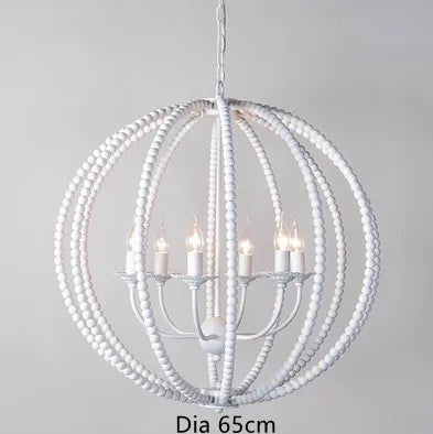 lustre rond en perles de bois style rétro rustique en fer blanc - vue 9 sur 11