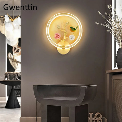 applique murale ronde à led fleur et oiseau décoratif pour intérieur - vue 2 sur 20
