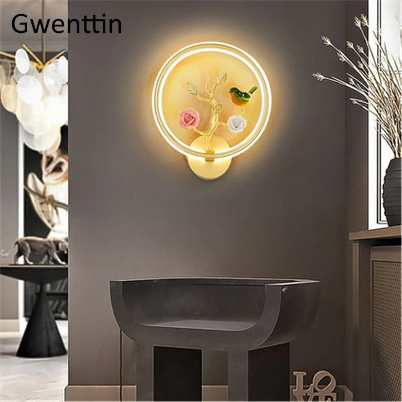 applique murale ronde à led fleur et oiseau décoratif pour intérieur - vue 1 sur 20