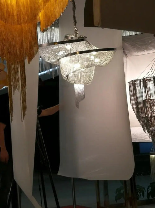 lustre rétro vintage en aluminium avec chaîne dorée et chromée - vue 2 sur 6