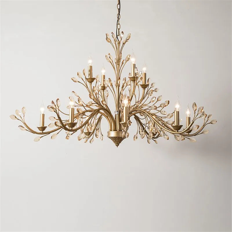 lustre américain en fer forgé avec cristal vintage en branches dorées - vue 6 sur 6