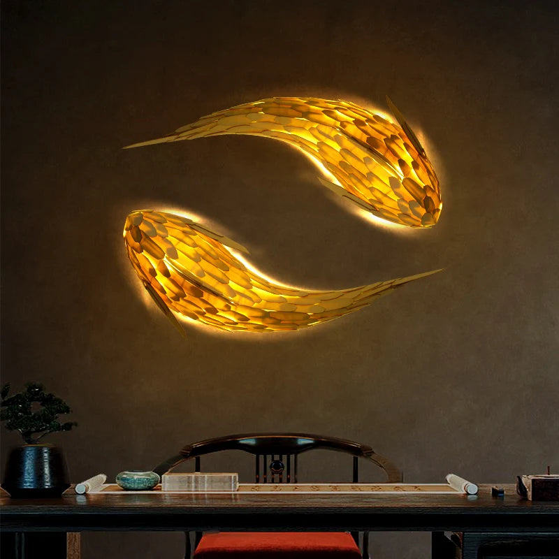 plafonnier baleine Style japonais en bois massif dauphin Restaurant asiatique Hotpot boutique lampe carpe poisson applique décorative - vue 2 sur 9