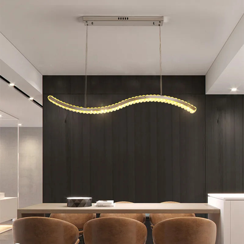 lustre moderne en cristal et acier inoxydable en longue bande - vue 3 sur 17