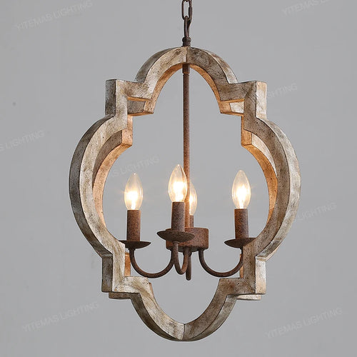 Vintage lustre en bois massif éclairage à la maison style français américain pour salon chambre à manger cuisine rétro blanc 4 lumières - vue 3 sur 10