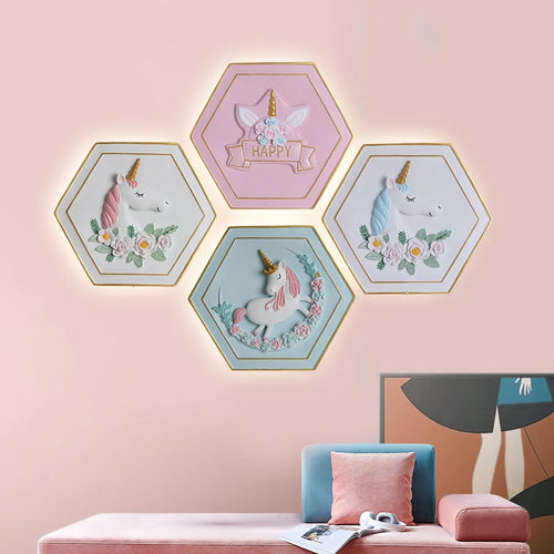 applique murale licorne princesse dessin animé avec interrupteur hexagonal - vue 2 sur 13