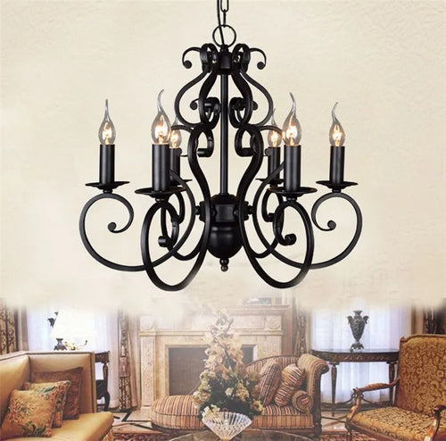 lustre vintage en fer forgé noir pour éclairage intérieur - vue 6 sur 6