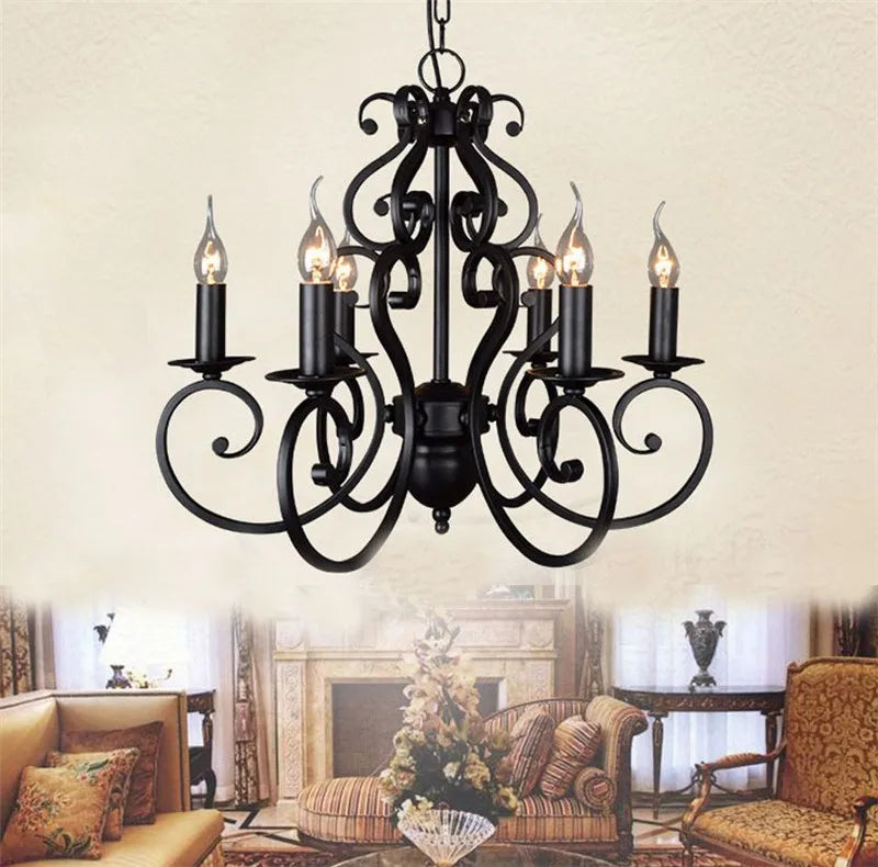 lustre vintage en fer forgé noir pour éclairage intérieur - vue 5 sur 6