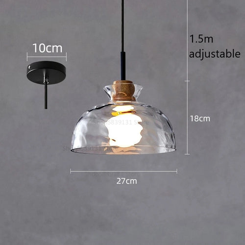 suspension led en verre grain d'eau et bois nordique rétro - vue 11 sur 11
