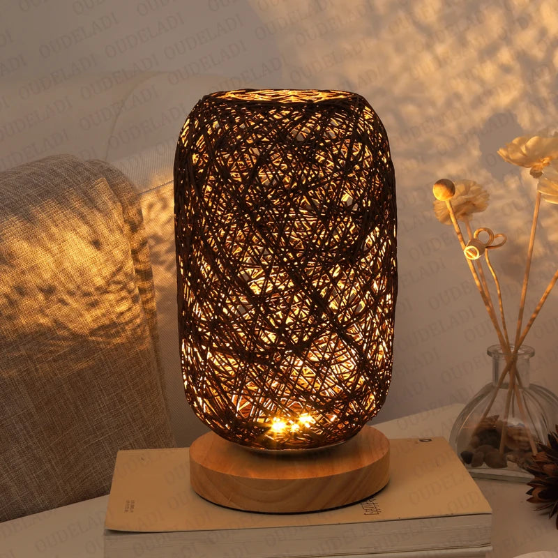 lampe à poser en rotin base bois décoration intérieure moderne - vue 4 sur 8