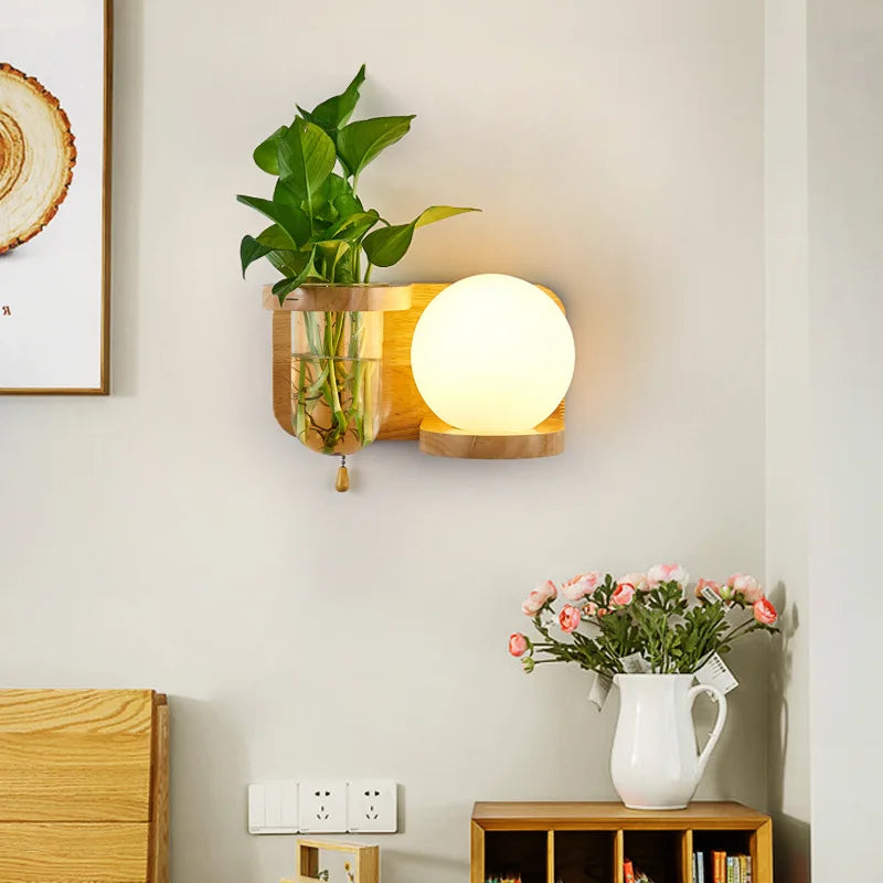 applique murale nordique bois plante verte abat-jour verre led - vue 4 sur 16
