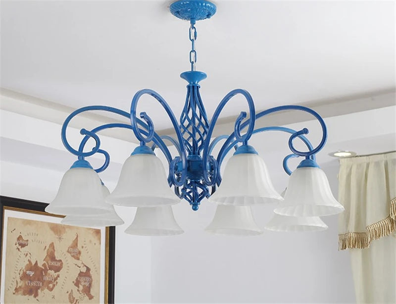 lustre suspendu en fer forgé avec abat jour en verre vintage - vue 5 sur 9