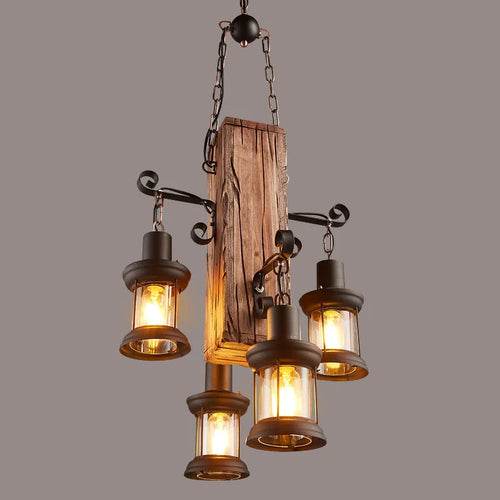 Suspension industrielle en bois avec luminaire en verre - vue 7 sur 7