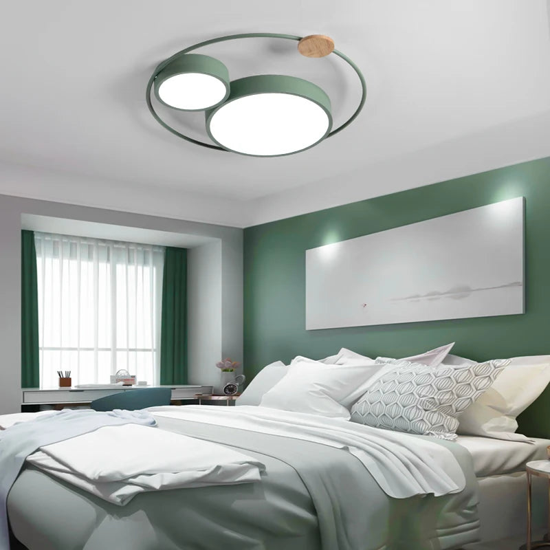 plafonnier led nordique en bois acrylique décoration ronde macaron - vue 3 sur 14