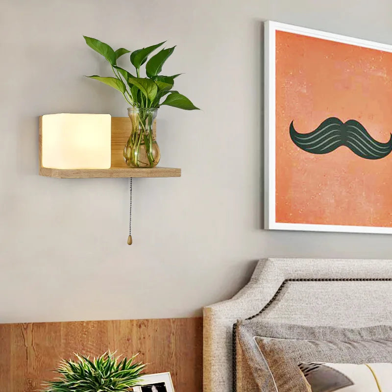 applique murale nordique bois plante verte abat-jour verre led - vue 6 sur 16