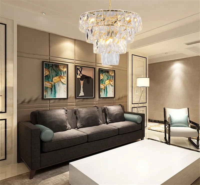 lustre rond en acier doré avec éclairage led en cristal - vue 6 sur 8