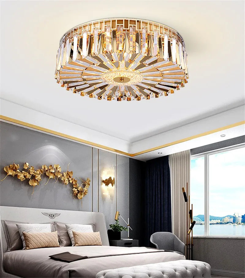 plafonnier moderne rond en cristal doré pour intérieur élégant - vue 6 sur 6