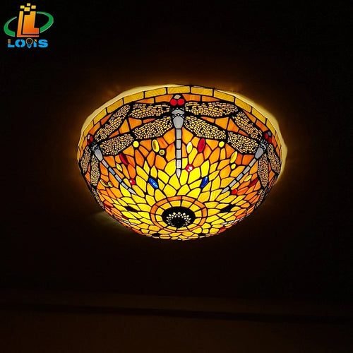 16Inch Dragonfly Ceiling Light Tiffany Style Glass Lamp European Retro Decorative Lighting Bedroom Balcony Bar LED Lighting E27 - vue 3 sur 6