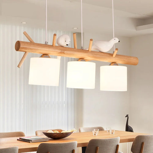 lustre en bois nordique avec éclairage en verre oiseaux 2 ou 3 têtes