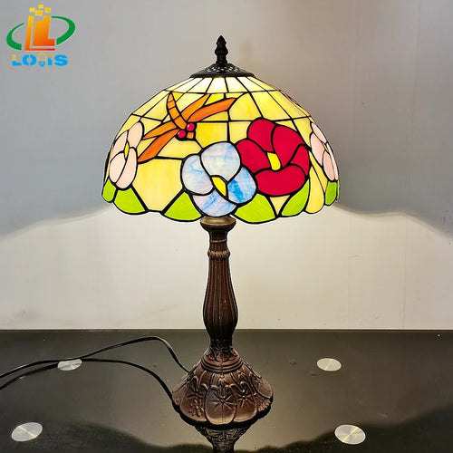 lampe de table style tiffany avec fleurs et libellules décorative - vue 3 sur 6