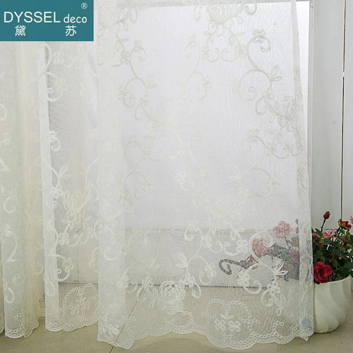 Voilage brodé fleurs festonné style classique romantique fenêtre - vue 4 sur 6