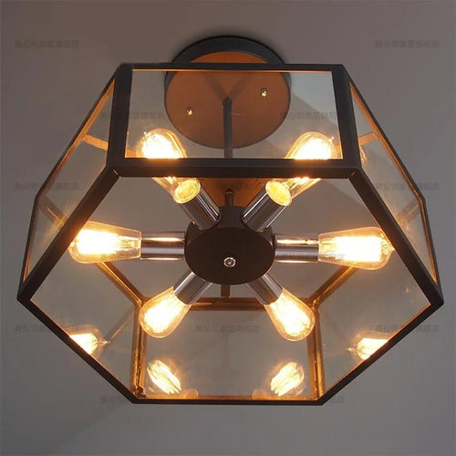 plafonnier hexagonal en verre style rétro pour café bar restaurant - vue 7 sur 6