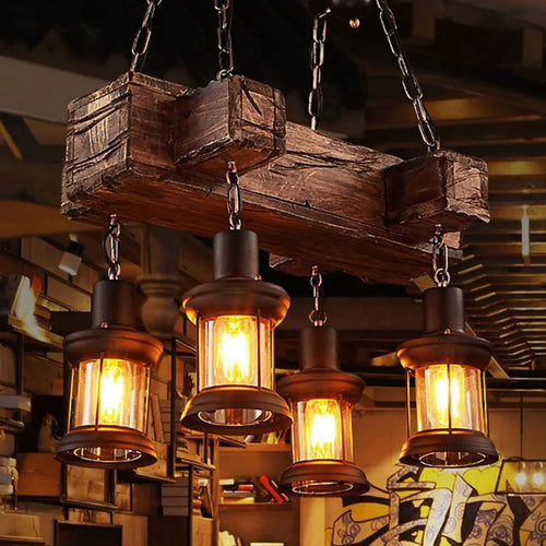 lustre vintage oukaning 4 lumières en bois suspendu industriel - vue 3 sur 6